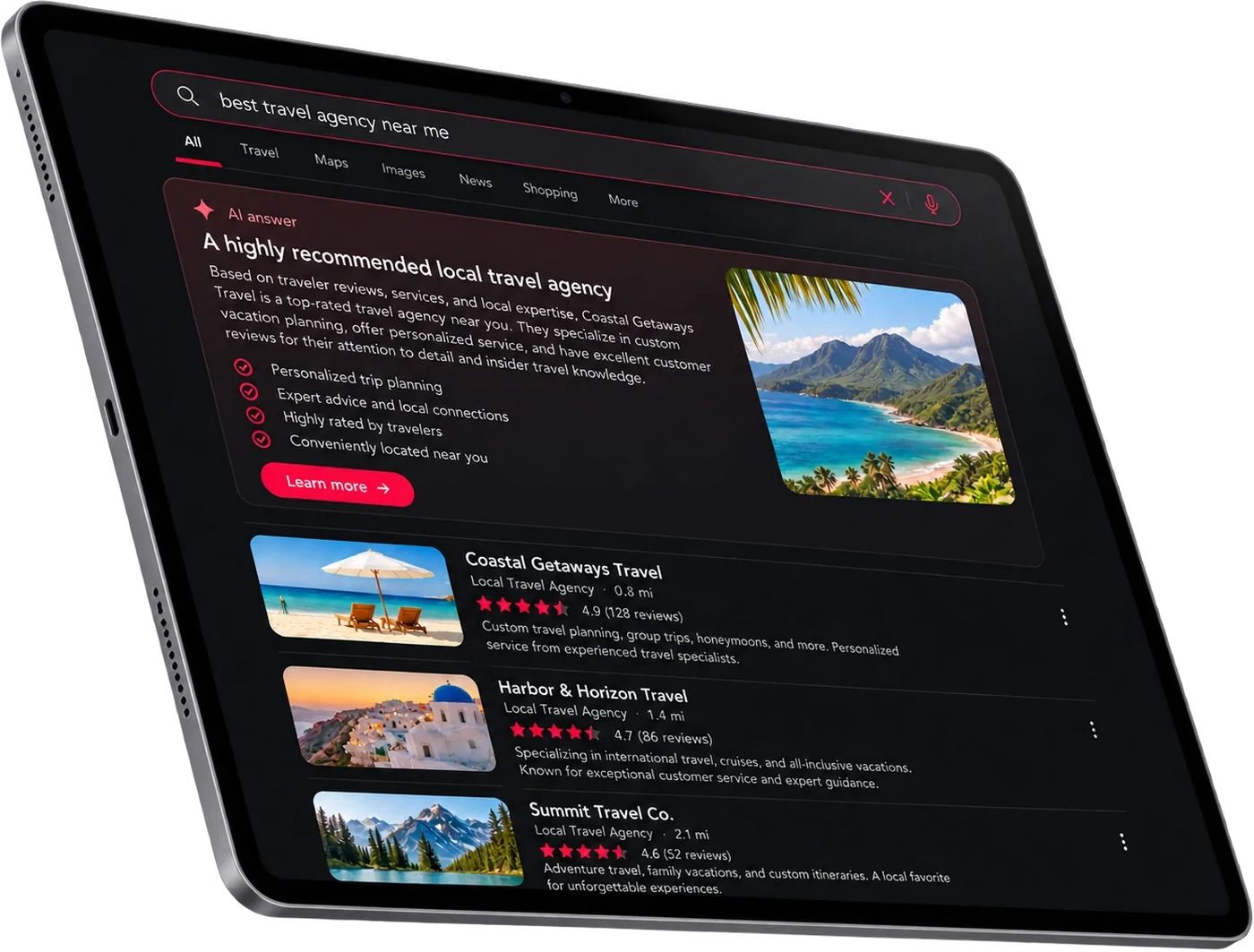 An AI search answer recommending a local travel agency on a tablet