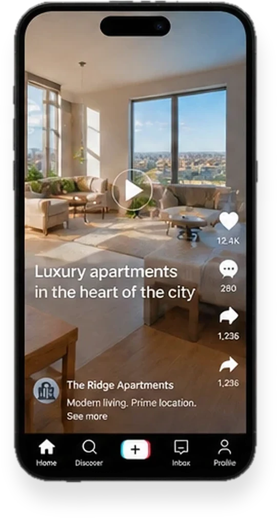 An apartment tour video in a social feed on a phone