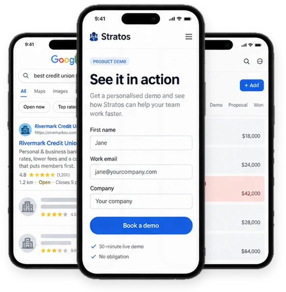 A Google result, a demo booking page and a sales pipeline on three phones